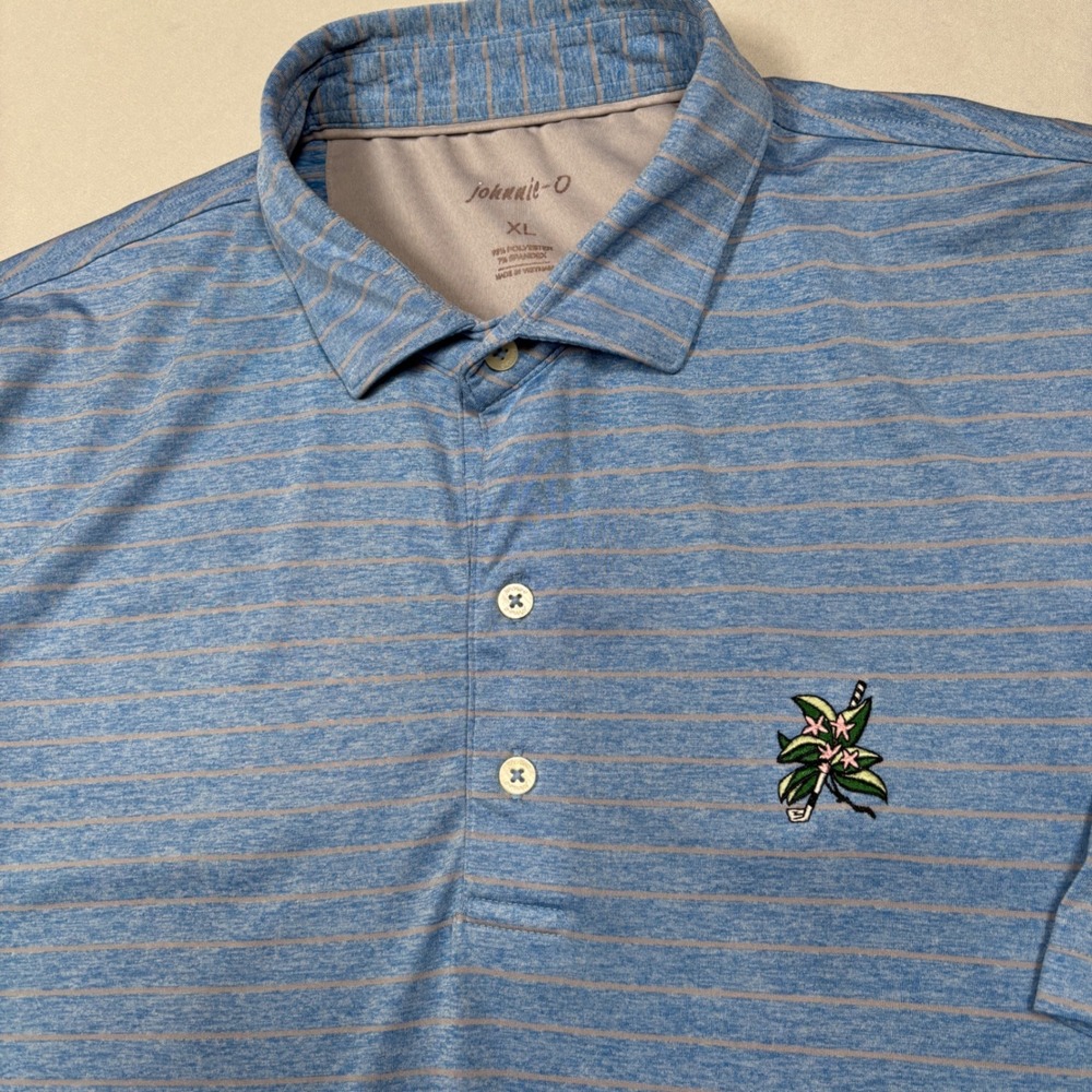 Johnnie-O Polo Shirt Mens XL Blue Striped Golf Club Floral Logo Performance